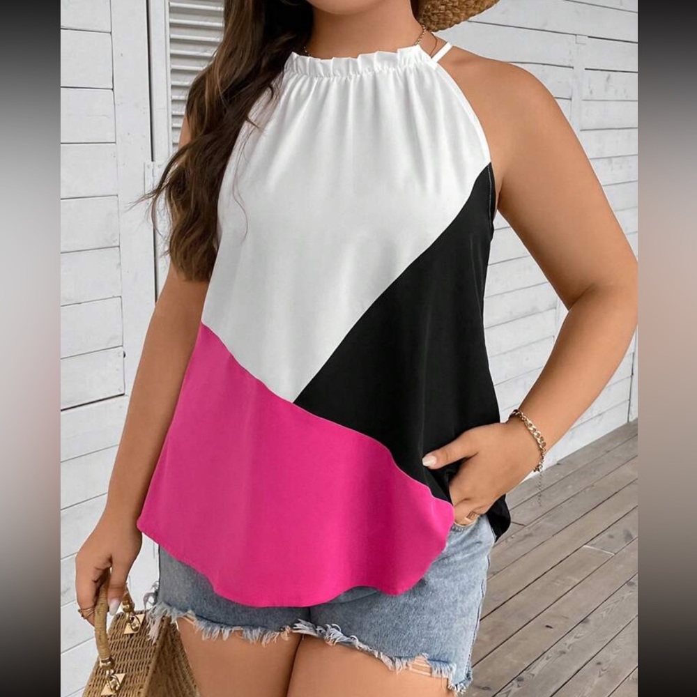 Boho plus size color block halter top